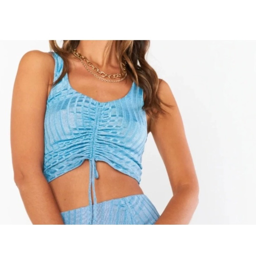 Show Me Your Mumu Blue Metallic Ruched Drawstring Crop Top Small V-Neck NWOT